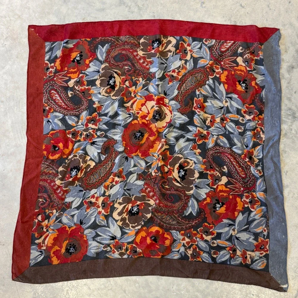 Vintage 70s Oscar de la Renta Floral Paisley Square Scarf Red Grey Silk 29x29
